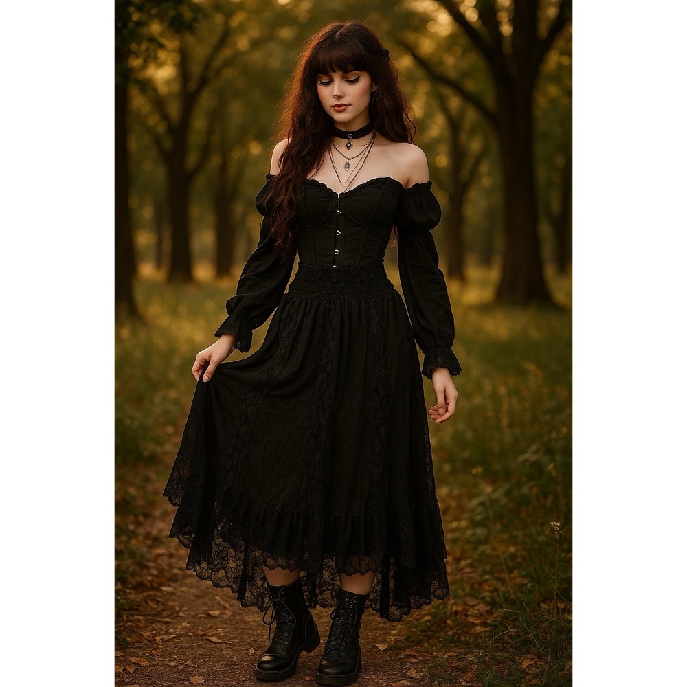 Rancho Estancia Skirt Dress L Lace Trim Cinched Whimsigoth Punk Witchy Fairy Emo